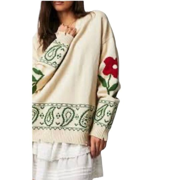 Profound Distressed Pullover Floral Paisley Knitted Sweater Womens Cream Small - Picture 3 of 12